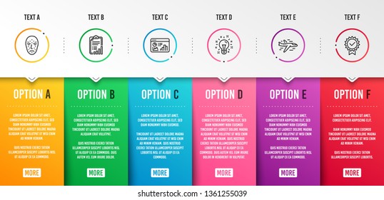 Face biometrics, Checklist and Seo statistics icons simple set. Idea, Airplane and Certificate signs. Facial recognition, Graph report. Technology set. Infographic template. 6 steps timeline. Vector