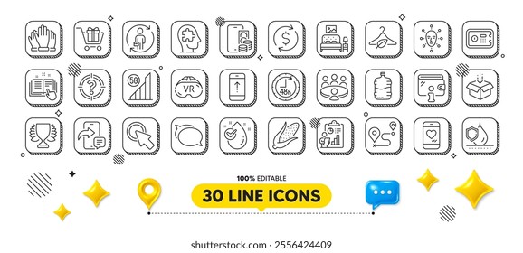 Face biometrics, Cooler bottle and Corn line icons pack. 3d design elements. Mental conundrum, Water drop, Get box web icon. Dollar exchange, Winner, Journey pictogram. Vector