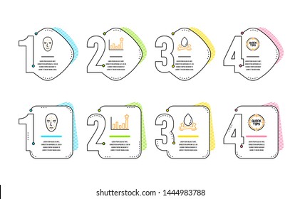 Face biometrics, Efficacy and Water splash icons simple set. Tips sign. Facial recognition, Business chart, Aqua drop. Quick tricks. Science set. Infographic timeline. Line face biometrics icon