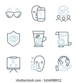 Face biometrics, Eyeglasses and Face declined line icons set. Diploma certificate, save planet, group of people. Eye protection, Mint leaves and Vision board signs. Vector