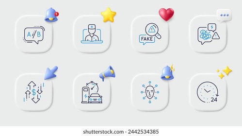 Face biometrics, Fake news and Charging station line icons. Buttons with 3d bell, chat speech, cursor. Pack of Telemedicine, 24 hours, Dollar rate icon. Ab testing, Stress pictogram. Vector