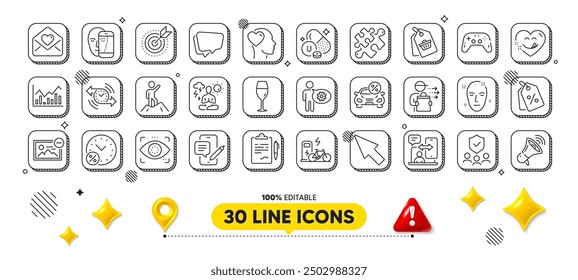 Face biometrics, Friend and Sale tag line icons pack. 3d design elements. Discount tags, Love letter, Electric bike web icon. Loan percent, Megaphone, Gamepad pictogram. Vector
