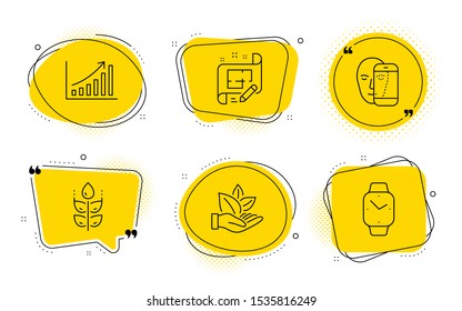 Face biometrics, Graph chart and Smartwatch signs. Chat bubbles. Architect plan, Organic product and Gluten free line icons set. Engineering plan, Leaf, Bio ingredients. Facial recognition. Vector