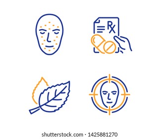 Face biometrics, Leaf and Prescription drugs icons simple set. Face detect sign. Facial recognition, Nature leaves, Pills. Select target. Healthcare set. Linear face biometrics icon. Vector