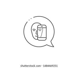 Face biometrics line icon. Chat bubble design. Facial recognition by phone sign. Head scanning symbol. Outline concept. Thin line face biometrics icon. Vector