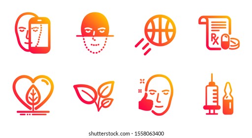 Face biometrics, Local grown and Medical prescription line icons set. Leaves, Healthy face and Basketball signs. Medical vaccination symbol. Facial recognition, Organic tested. Vector