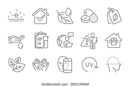 Face Biometrics, Medical Analyzes And Wash Hands Line Icons Set. Pet Shelter, Leaf Dew And Fair Trade Signs. Bio Tags, Medical Drugs And Uv Protection Symbols. Line Icons Set. Vector