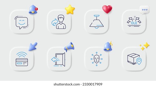 Face biometrics, Ole chant and Contactless payment line icons. Buttons with 3d bell, chat speech, cursor. Pack of Share, Ceiling lamp, Entrance icon. Parcel tracking, Smile face pictogram. Vector