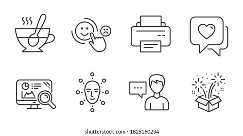 Enfrentar la biometría, la charla de persona y los iconos de la línea de impresora. Té cup, signos de satisfacción del corazón y del cliente. Fuegos artificiales, símbolos de análisis de Seo. Iconos de línea de calidad. Enfrentar insignia biométrica. Vector