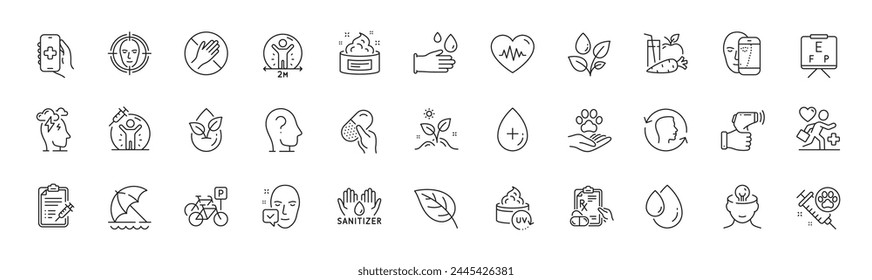 Face biometrics, Prescription drugs and Dont touch line icons. Pack of Heartbeat, Social distance, Electronic thermometer icon. Face detect, Organic product, Pets care pictogram. Patient. Vector