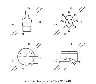 Face biometrics, Scotch bottle and Time line icons set. Scroll down sign. Facial recognition, Brandy alcohol, Remove alarm. Landing page. Business set. Line face biometrics outline icon. Vector