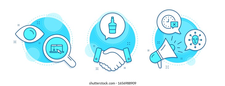 Enfrentar la biometría, botella escocesa e iconos de línea de tiempo. Iconos complejos de trato de manos, investigación y promoción. Desplácese hacia abajo. Reconocimiento facial, alcohol Brandy, quitar alarma. Página de inicio. Vector