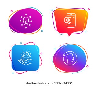 Face Biometrics, Skin Care And Medical Phone Icons Simple Set. Face Id Sign. Facial Recognition, Hand Cream, Mobile Medicine. Identification System. Healthcare Set. Speech Bubble Face Biometrics Icon