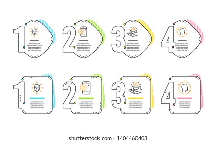 Face biometrics, Skin care and Medical phone icons simple set. Face id sign. Facial recognition, Hand cream, Mobile medicine. Identification system. Healthcare set. Infographic timeline. Vector