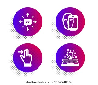 Face biometrics, Sms and Touchscreen gesture icons simple set. Halftone dots button. Typewriter sign. Facial recognition, Conversation, Slide right. Inspiration. Technology set. Vector
