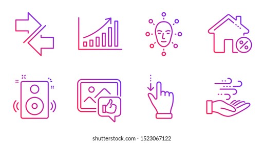 Face biometrics, Touchscreen gesture and Synchronize line icons set. Speakers, Graph chart and Like photo signs. Loan house, Wind energy symbols. Facial recognition, Slide down. Vector