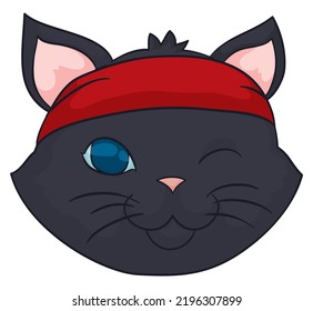 Face Of Black Cat With Blue Eyes Winking At You And Wearing A Red Bandana.