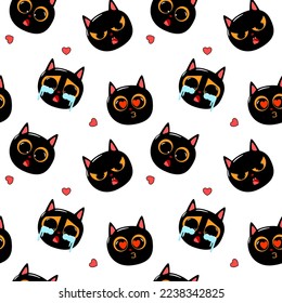 Caricatura de gato negro de cara tan tierno. llora tierna en el amor. en el corazón rojo y fondo blanco. Ilustración vectorial sin fisuras del patrón.
