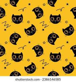 Face black cat cartoon so cute. On star yellow background. Pattern seamless vector illustration. 
