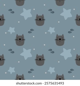 Face black cat cartoon so cute. On fish star background. Pattern seamless vector illustration. 

