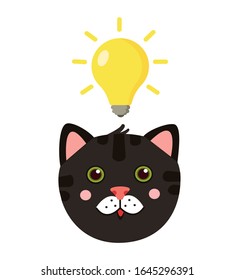  Rostro de un gato negro con una bombilla sobre su cabeza. Aislado sobre fondo blanco. Ilustración vectorial.