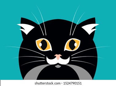 Face of black fluffy cat with big eyes and funny nose looking forward. Vector illustration character