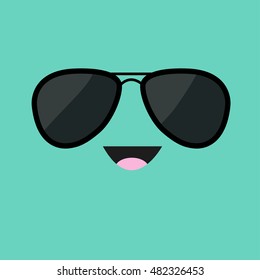 Face with black pilot sunglassess. Happy emotion. Cute cartoon funny smiling character. Green background. Isolated. Flat design. Vector illustration