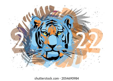 The face of a black water tiger in palm leaves and holiday date 2022. Symbol of the New Year on the Chinese calendar. Stylized muzzle of a blue predator isolated on a white background