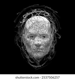 Face in black and white. Background design of human profile and colorful moving paint lines on the theme of creativity, design, inner world, human nature and artistic soul. Vector illustration