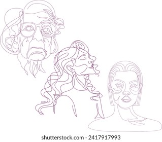 face. Black and white. White background. One line drawing, Continuous one line drawing, people character  