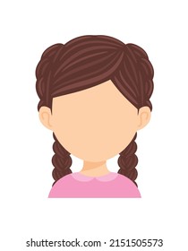 Face Blank of a Little Brunette Girl with Pigtails. Template. Female Beautiful Character. Pretty Empty Child. Portrait and Avatar. Flat Color Cartoon style. White background. Design Element. Vector.