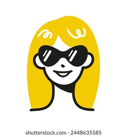 Face of blonde girl. Portrait of smiling woman in sunglasses. Bright avatar 
