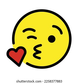 Face Blowing a Kiss vector icon. Isolated yellow face winking with puckered lips blowing a kiss, depicted as a small, red heart. Goodbye, good night, kiss sign sticker.  svg