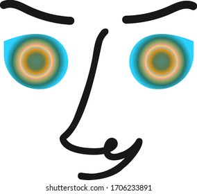 Face with blue eyes and multi-colored radial gradient in the eyes, with eyebrows, nose and mouth.