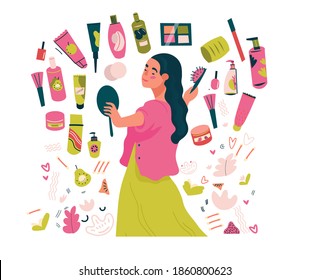 Face and body care concept flat vector illustration, modern style. Beauty young woman and set of various cosmetics isolated. Hand drawn illustration