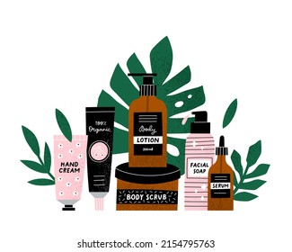 Face and body care products. Set of bottles, tubes and jars. Vector illustration