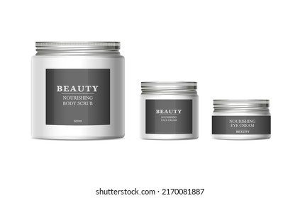 Face and body cosmetic container set. Large, medium, small cream jar templates. Empty bottles for cream, scrub, balm or gel with aluminium cap and label. Beauty products packaging vector mockup.