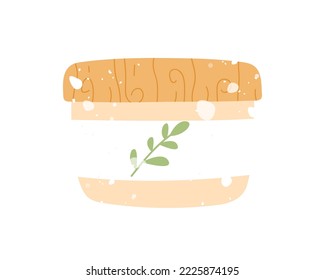 Face or body cream jar with wooden lid and leaves branch. Hand drawn flat cartoon vector illustration. Concept of skincare routine and natural, organic, cruelty free cosmetics