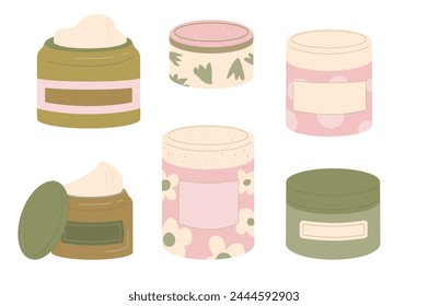 Face and body cream jars set isolated on white background. Beauty home procedure product. Moisturizing serum. Flat vector illustration.