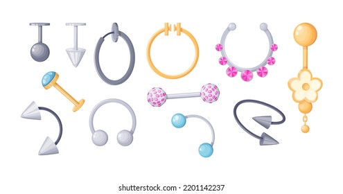 Face and body jewelry accessories for piercing set. Metallic silver and golden ring, earring, barbell, cone and ball. Fashion bijouterie for ear, nose, tongue, eyebrow cartoon vector