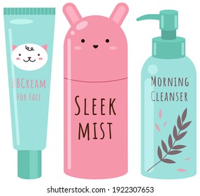 Face and body skin care products. Set of tubes and vials cosmetics. Tools for beauty and skin health. Vector illustration isolated on white background. Cleansing and moisturizing korean cosmetics