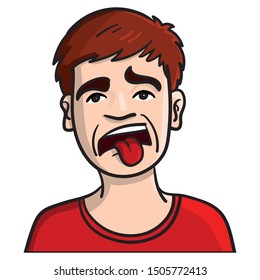 Face of a boy with disgusted facial expression and with tongue hanging out. illustration, comic, color, red, brown, avatar.