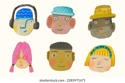 face of boy, girl, man and woman watercolor character design, kid illustration. child vecter 