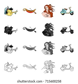 The face of a boy, a gondola, an Italian Madonna, a scooter. Country Italy set collection icons in cartoon black monochrome outline style vector symbol stock illustration web.