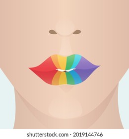 cara con labios pintados de colores arcoiris brillantes, bandera lgbt pintada en los labios, concepto de tolerancia