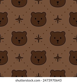 Face brown cartoon so cute. On star background. Pattern seamless vector illustration. 