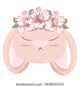 cara de un conejo de pascua marrón con una corona de magnolias rosas en la cabeza, para carteles, pancartas o tarjetas de vacaciones