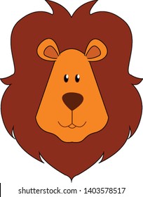 A face of a brown lion with a short, rounded head, oval-shaped ears, and dark-brown mane covering the head and with eyes rolled up looks mighty, vector, color drawing or illustration.