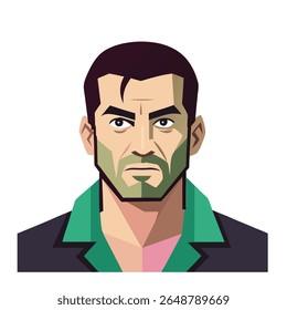 Face de gângster masculino brutal na jaqueta. Vetor de cor arte retrato no estilo de jogo de computador