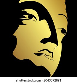 Cara de buddha con aislamiento de borde dorado sobre fondo negro